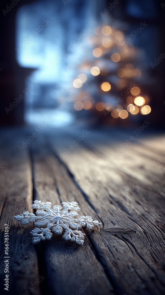 Poster snowflake on wooden surface: a close-up view captures the intricate beauty of a delicate snowflake r
