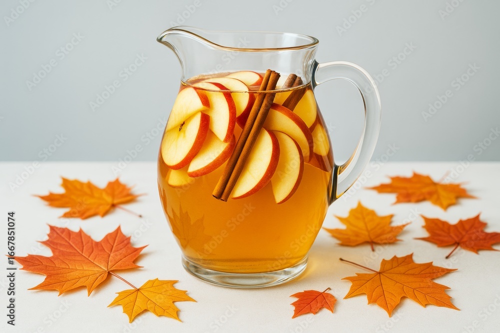 Poster autumn apple cider with cinnamon sticks in glass pitcher surrounded by fall leaves on light backgrou