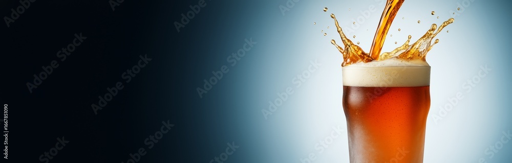 Poster splashing dark beer being poured into pint glass with foam on light gradient background with empty c