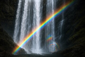 滝にかかる虹と幻想的なトリッピー模様