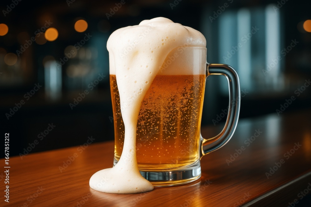 Poster overflowing glass mug of golden beer with frothy foam on wooden table in warm bar lighting and blurr