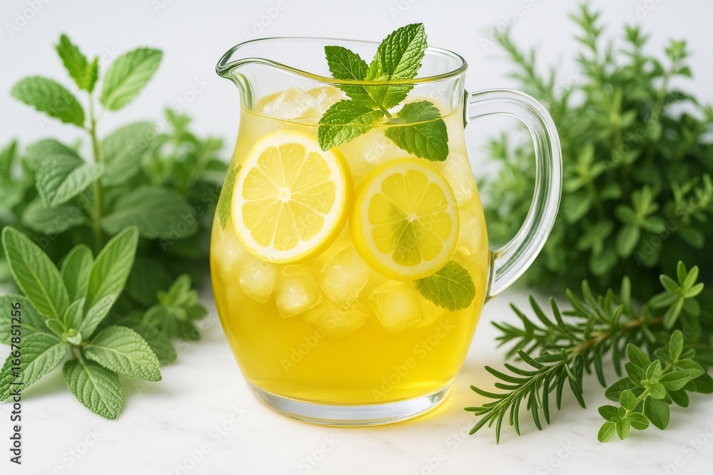 Poster refreshing lemonade with lemon slices, mint leaves, and ice cubes in a clear glass pitcher on white 