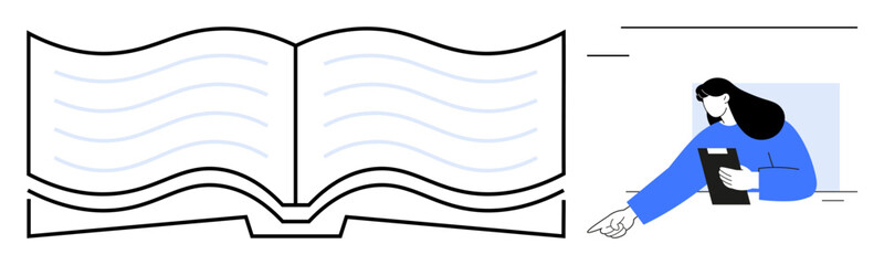 Open book with curved text lines and woman interacting with digital content. Ideal for education, e-learning, digital access, content sharing, reading habit, creativity, simple landing page