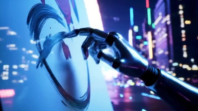 Robotic hand creating digital art in a futuristic cityscape with neon lights at night - Powered by Adobe