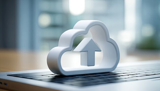 3D white cloud icon with upward arrow on a laptop keyboard, blurred office background - Powered by Adobe