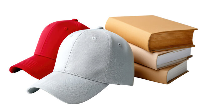 Education Caps: Captivating composition of education and leisure, featuring a vibrant red cap and a soft gray cap near a stack of bound books.