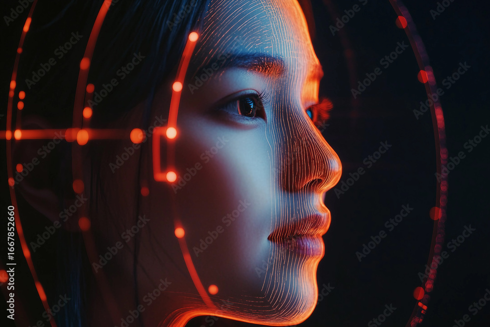 Aufkleber closeup of woman interacting with futuristic digital interface hologram in dark environment created 