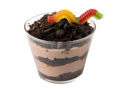 A clear cup filled with chocolate pudding and topped with gummy worms on a white background