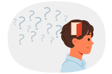 Memory problems in man standing near question marks with open door in head, symbolizing alzheimer disease. Guy experiences memory problems and suffers from onset of scoliosis and dementia at young age