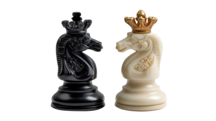 Chess Knights Facing: Two intricately crafted chess knights, one black and one white, stand in a captivating face-off, symbolizing strategy and competition in the timeless game of chess.