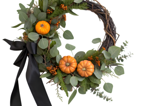 A fall wreath with pumpkins, eucalyptus, and a black ribbon on a transparent background for decoration