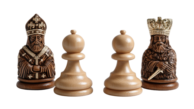 Strategic Stalemate: A curated close-up of Chess pieces, showcasing the intricate carvings and strategic artistry of the game with pawns and pieces, embodying strategy.