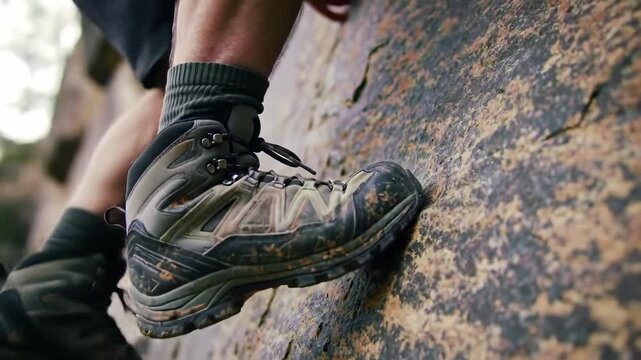 Close up of a hiker foot in dirty boot climbing a rugged outdoor rock wall