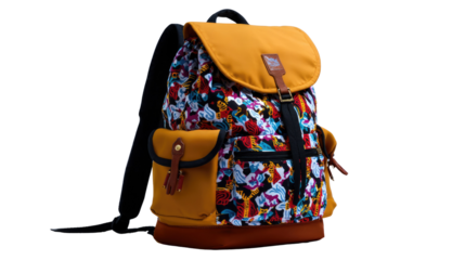 Stylish Backpack: An appealing backpack featuring a unique floral pattern, leather accents, and a bold yellow flap, exuding a sense of modern style and functionality.