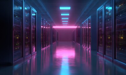 Futuristic data center with rows of servers illuminated in neon pink and blue