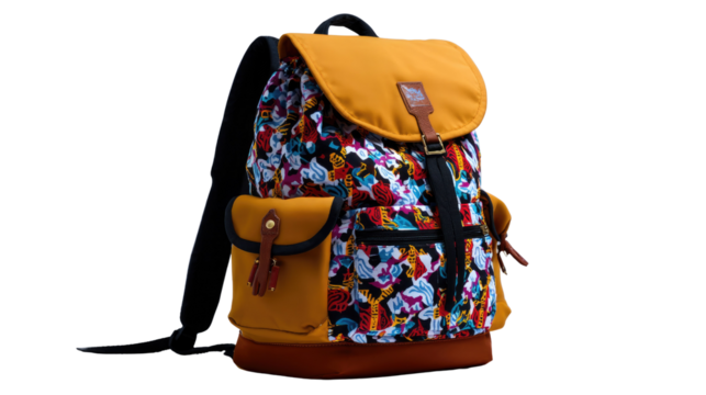 Stylish Backpack: An appealing backpack featuring a unique floral pattern, leather accents, and a bold yellow flap, exuding a sense of modern style and functionality.