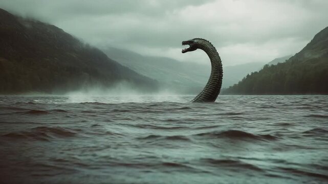 Mythical water creature swimming in misty loch  
