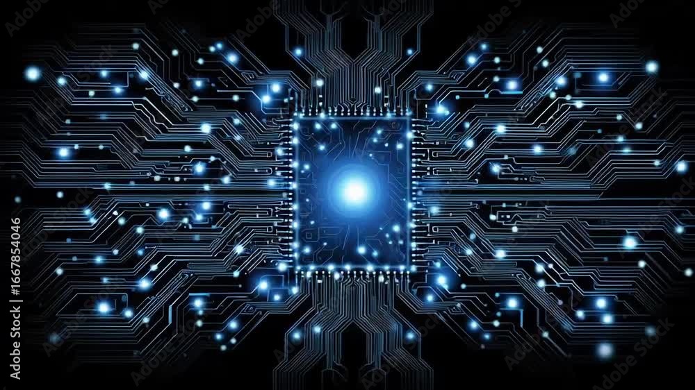 Poster a digital circuit board design featuring a central processor with glowing connections and a futurist