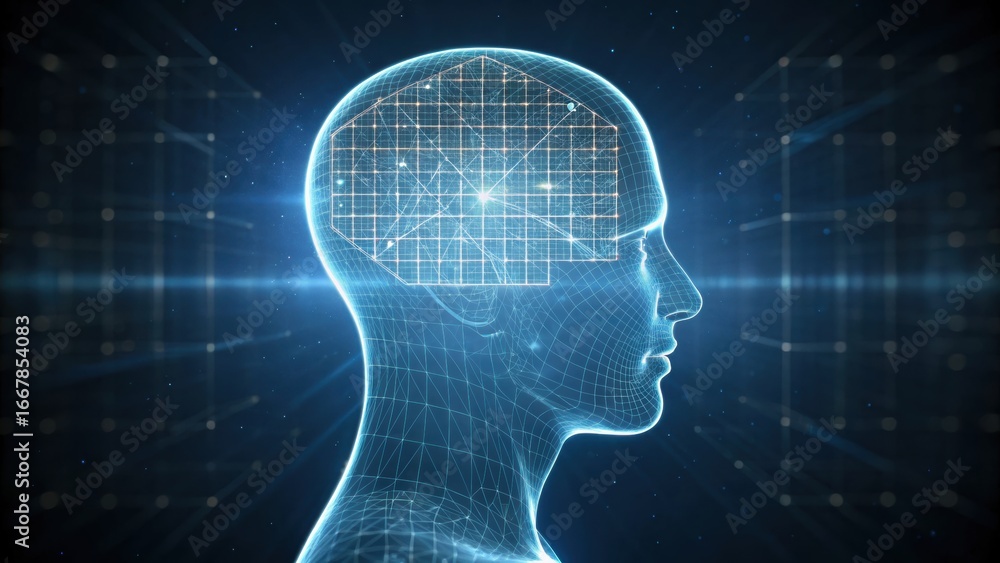 Aufkleber digital identity + biometric security + data governance a digital silhouette of a human head with a 