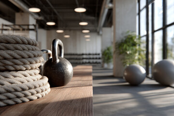 Fototapeta premium Close-up of kettlebell and coiled rope in a spacious gym with natural light