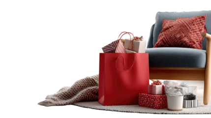 Gifts Galore: A vibrant red shopping bag spills over with an array of wrapped gifts, nestled beside a comfortable chair and soft blanket.