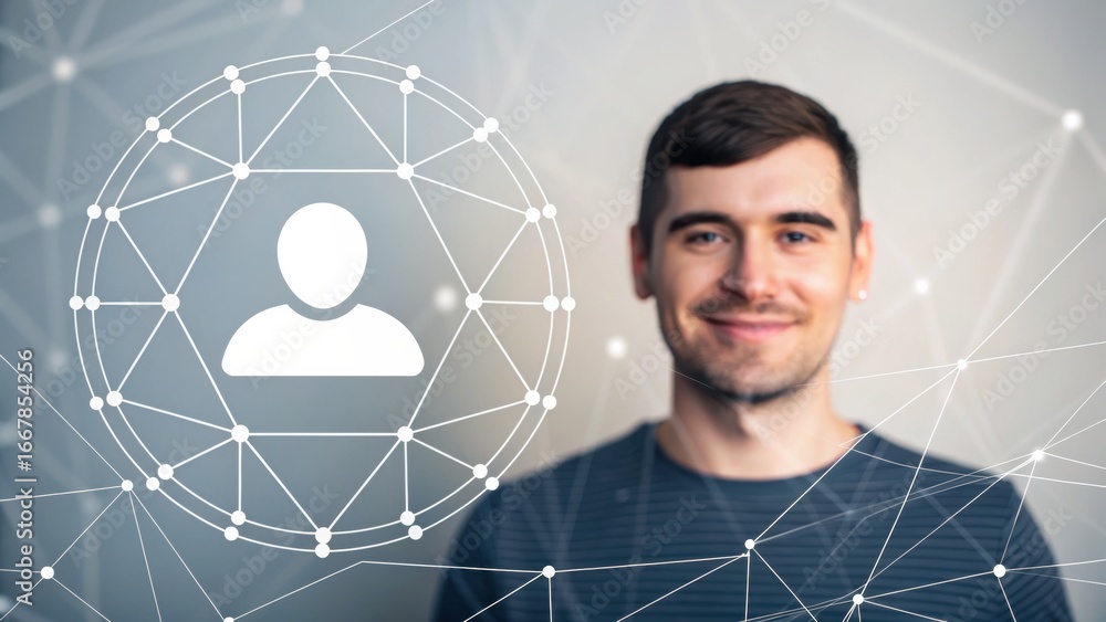 Aufkleber digital identity + biometric security + data governance a smiling man in front of a digital network 