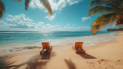 Photography of beach chairs set on the sand at a beautiful beach in a resort area.