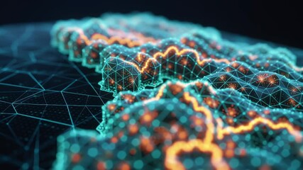 Digital abstract landscape glowing neon grid lines technology mesh network vibrant futuristic particles depth complexity - Powered by Adobe