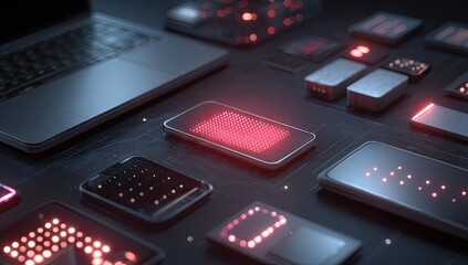 Tech table with gadgets, glowing red data points, and laptop in background