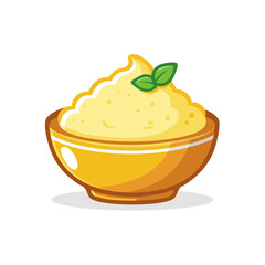 Stylized illustration of mashed potatoes in a golden bowl garnished with fresh basil leaves.