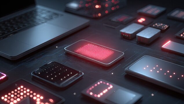Tech table with gadgets, glowing red data points, and laptop in background