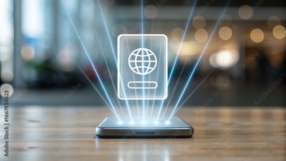 Poster digital identity + biometric security + data governance smartphone emitting digital passport visuals