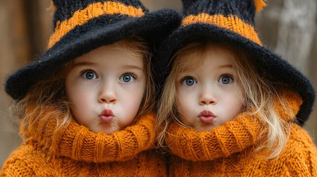 Identical twin girls wear festive hats and sweaters to celebrate the autumn Halloween holiday season together.