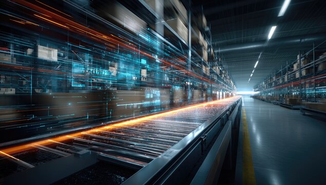 Warehouse view, motion blur, automated system with shelves and boxes, data streams