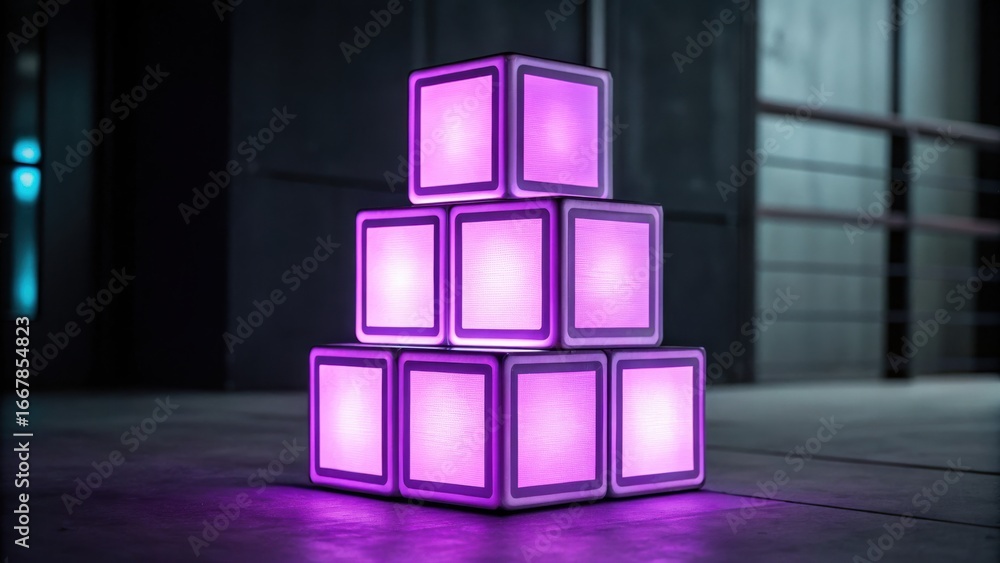 Aufkleber digital identity + biometric security + data governance illuminated purple blocks arranged in a pyra