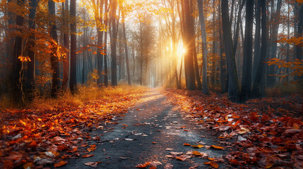 Obraz premium Autumn forest path with sunlight through trees