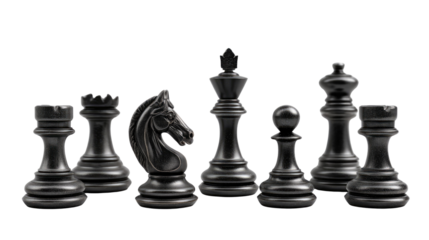 Chess Pieces: An artistic shot displaying a strategic selection of chess pieces, each one exuding its unique design and commanding presence, ready for a game of strategy and wit.
