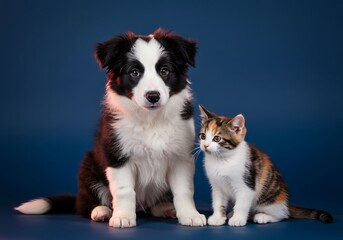 Fototapeta premium An adorable Border Collie puppy and a calico kitten sitting together, a charming portrait of an unlikely interspecies friendship on a dark blue background