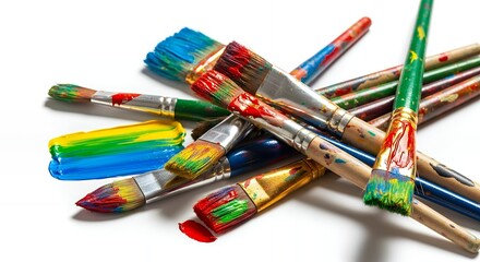 Collection of Used Paint Brushes Covered in Vibrant Colorful Paint on a White Background, Art and Creativity Concept
