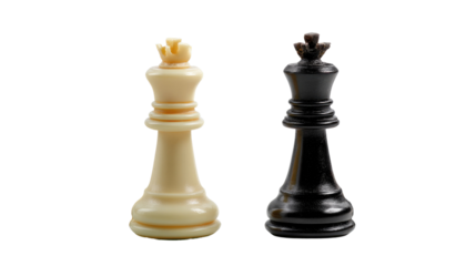 Kings' Clash: A striking pair of chess kings stands face-to-face, one black and one white, symbolizing a classic battle of wits and strategy on the chessboard.