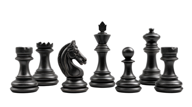 Chess Pieces: An artistic shot displaying a strategic selection of chess pieces, each one exuding its unique design and commanding presence, ready for a game of strategy and wit.