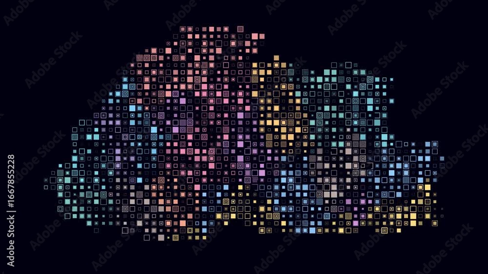 Poster bhutan map animation. shape of the country with pulsating colored dots. small size square blocks. di