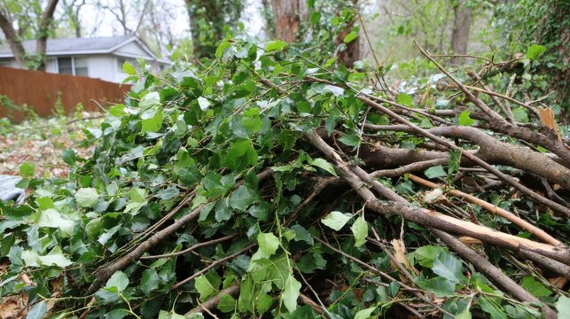 High-quality photo of pile of yard cleanup clippings Branches and limbs.