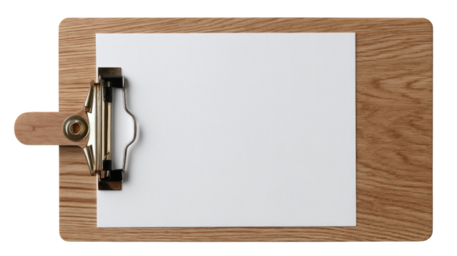 Clipboard for Note Taking: A close-up shot of a wooden clipboard with a crisp white sheet of paper, suggesting a space for recording, planning, or documentation.