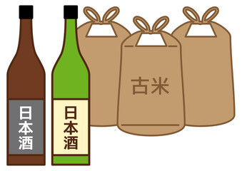 日本酒の入った酒瓶と古米の入った米袋