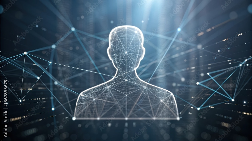 Aufkleber digital identity + biometric security + data governance digital silhouette of a person surrounded by