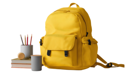 Yellow Backpack's Essentials: A vibrant yellow backpack rests alongside pencils, a book, and a container, showcasing an inviting array of educational supplies.