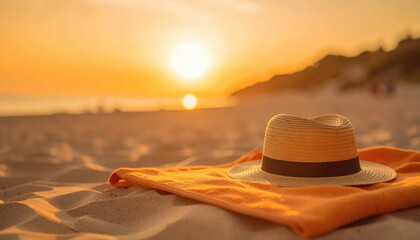 Close up photography of a hat, sunglasses and other beach accessories on a towel on the sand of a beautiful beach.