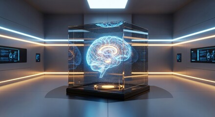 Hologram of a human brain displayed in a glass cube in a futuristic laboratory