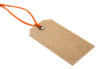 A slightly angled view of a blank kraft paper tag with an orange string on a transparent background